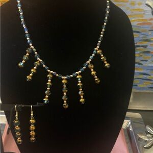 New! Blue and Gold Beaded Necklace and Earring Set